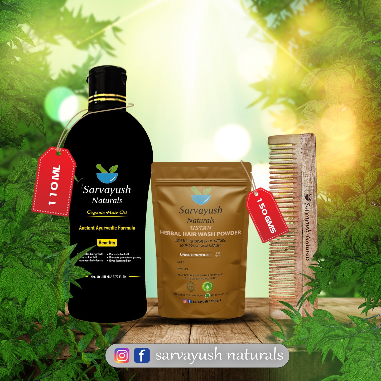 110 ml Oil & 150 g Herbal Hair Wash Powder + Neem Comb