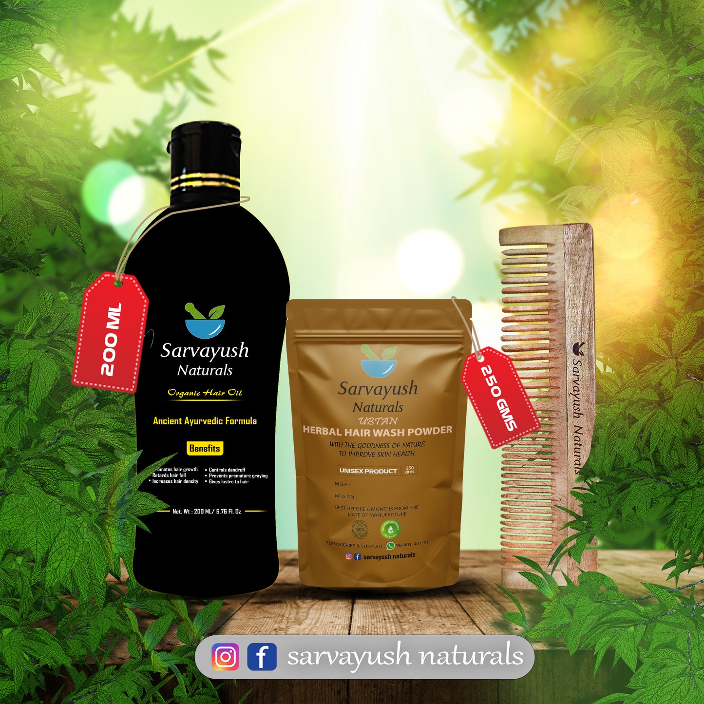 200 ml Oil & 25O g Herbal Hair Wash Powder & Neem Comb